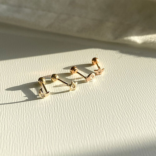 모모리 14K 달 별 피어싱 귀걸이 - 미니 도형 큐빅 귓바퀴 금/바길이 4mm 6mm