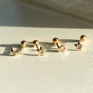 모모리 14K 달 별 피어싱 귀걸이 - 미니 도형 큐빅 귓바퀴 금/바길이 4mm 6mm